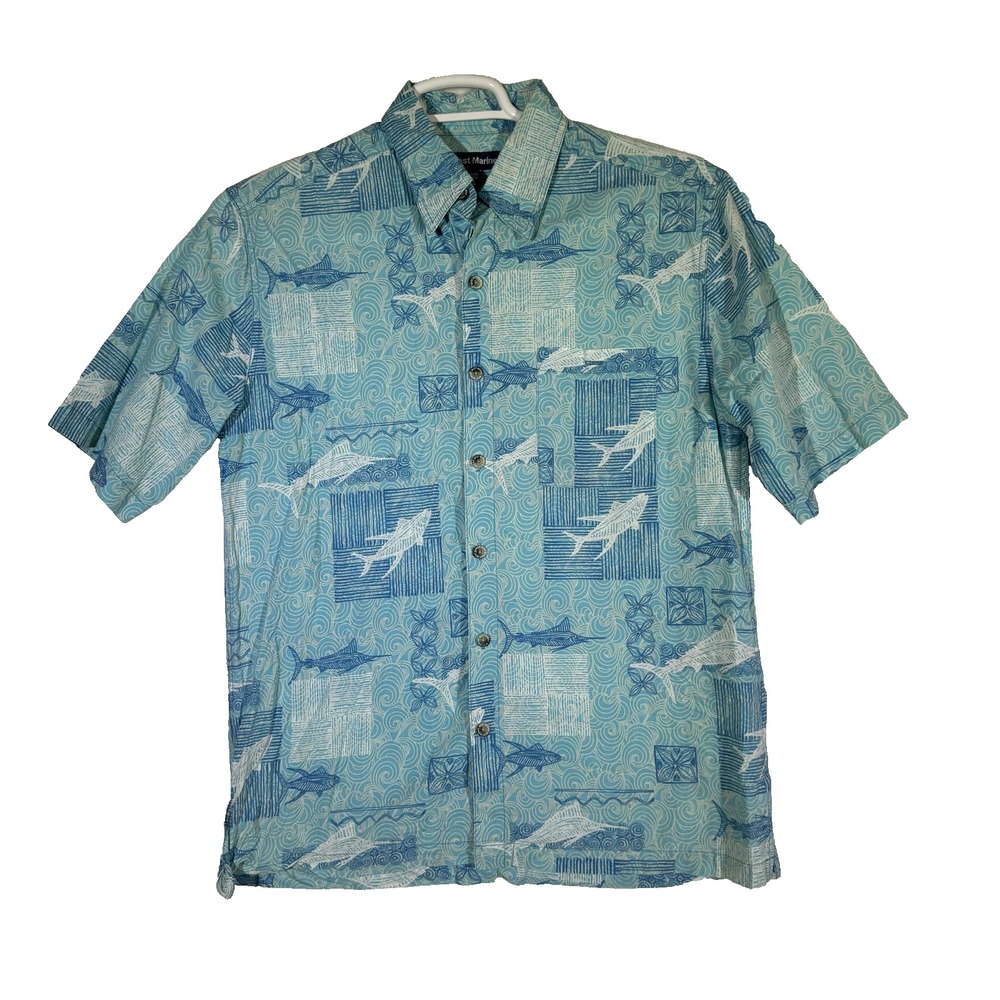 West Marine Shirt Mens Medium Blue Fish Nautical Hawaiian Camp Button Up Print